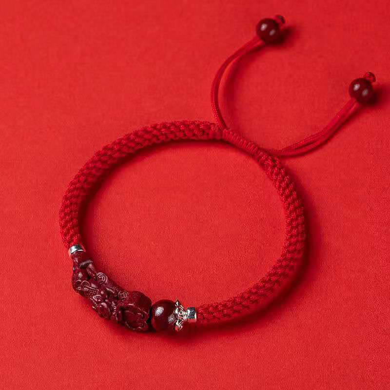 Fortune Jewel Handcrafted PiXiu Cinnabar Wealth Luck Braided Bracelet