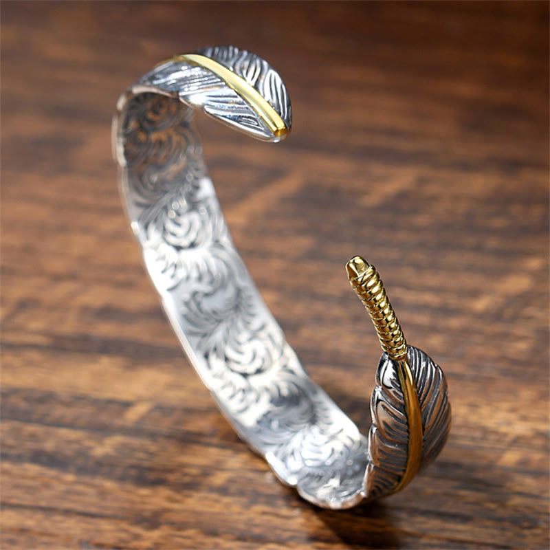 Fortune Jewel Feather Pattern Carved Luck Wealth Cuff Bracelet Bangle