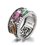 Fortune Jewel Copper Blue Enamel Lotus Heart Sutra Koi Fish Luck Ring Fortune Jewel
