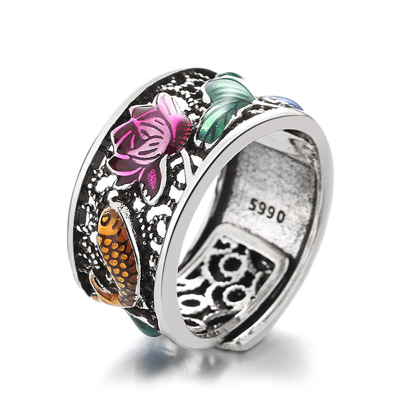 Fortune Jewel Copper Blue Enamel Lotus Heart Sutra Koi Fish Luck Ring Fortune Jewel