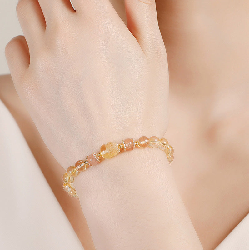 Fortune Jewel Aquamarine Strawberry Quartz Amethyst Moonstone PiXiu Healing Bracelet