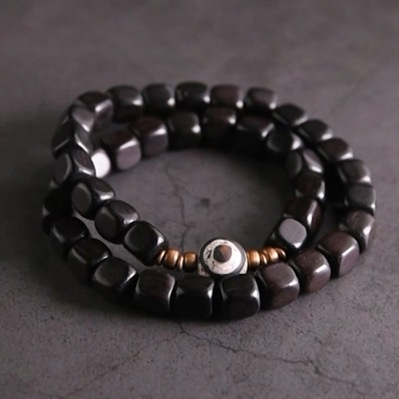 Fortune Jewel Ebony Wood Dzi Bead Copper Peace Couple Bracelet