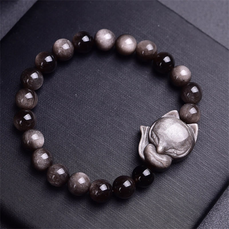 Fortune Jewel Natural Silver Sheen Obsidian Fox Protection Bracelet