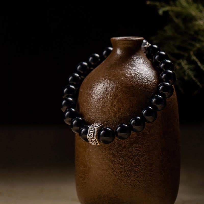 Fortune Jewel Chinese Zodiac Natal Buddha 925 Sterling Silver Black Obsidian Moonstone Strength Bracelet