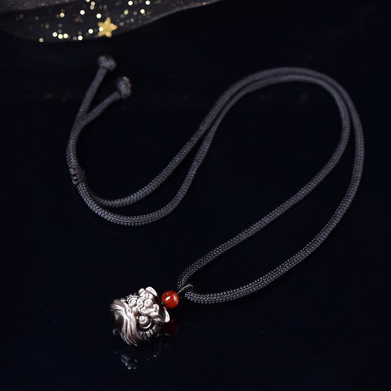 Fortune Jewel Natural Silver Sheen Obsidian Dancing Lion Protection Necklace Pendant