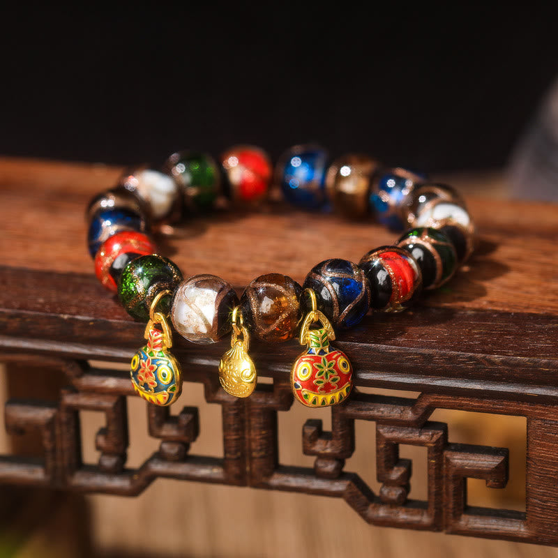 Fortune Jewel Five Elements Gold Swallowing Beast Family Charm Liuli Glass Bead Luck Bracelet