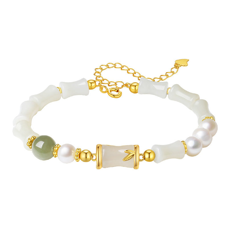 Fortune Jewel 925 Sterling Silver Natural Hetian White Jade Bamboo Luck Blessing Bracelet