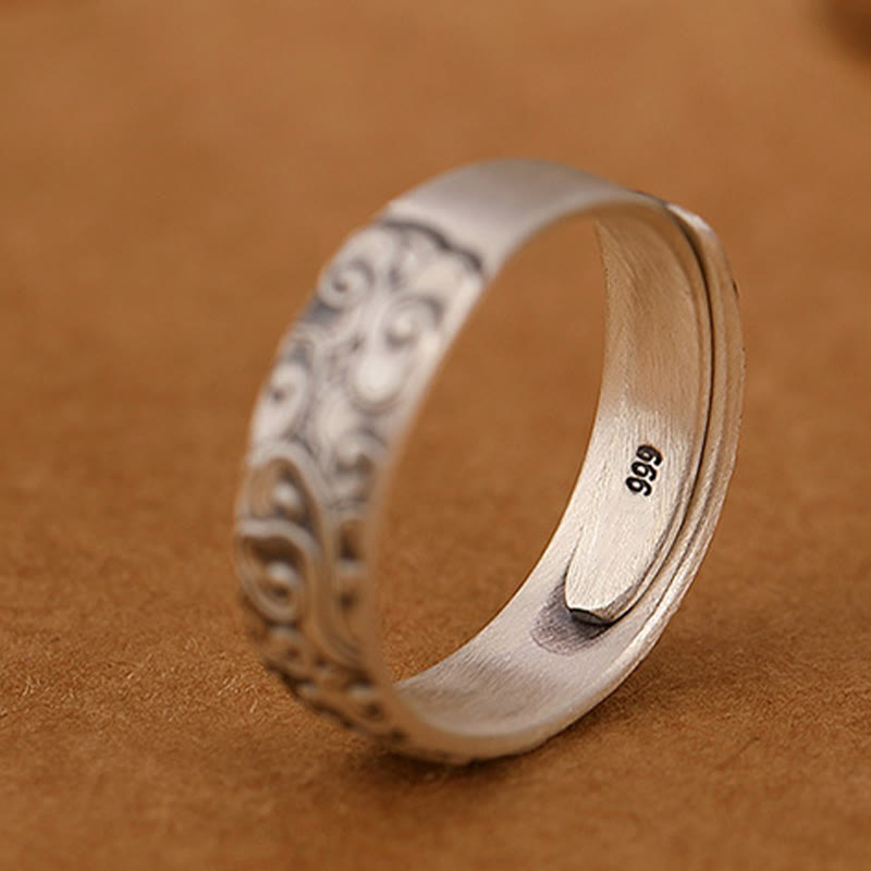 Fortune Jewel 999 Sterling Silver Lotus Flower Plum Blossom Auspicious Clouds Engraved Enlightenment Ring Fortune Jewel