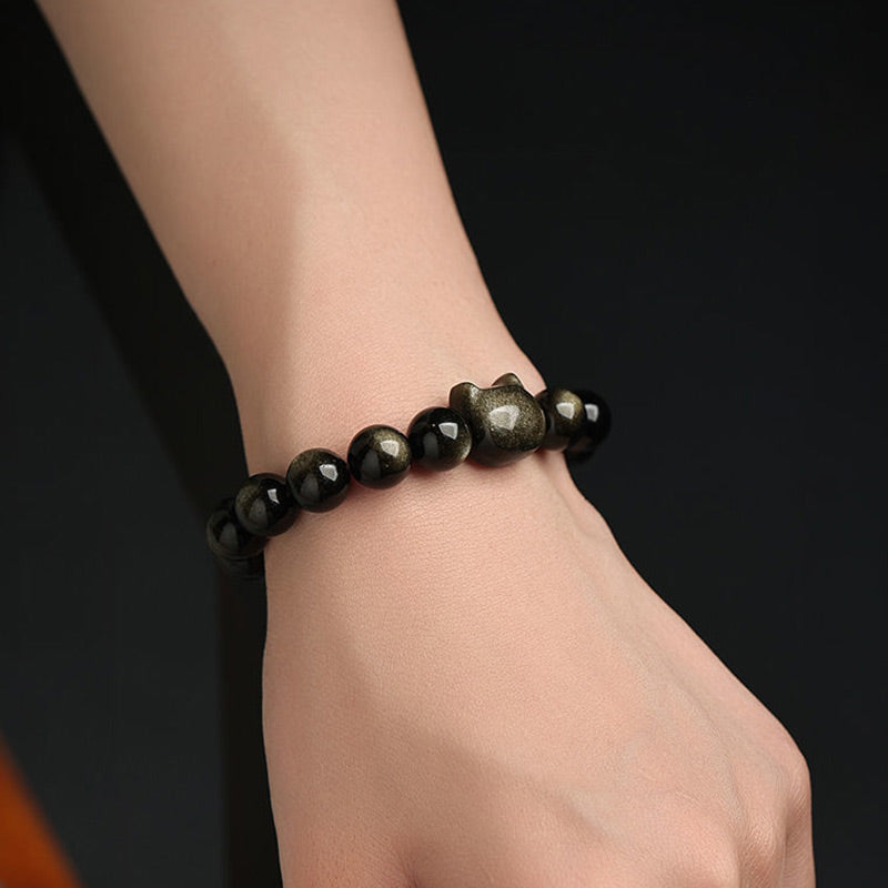 Fortune Jewel Gold Sheen Obsidian Silver Sheen Obsidian Lovely Paw Lucky Cat Protection Bracelet