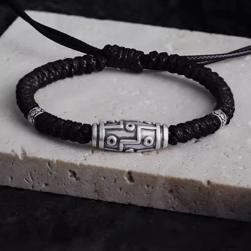 Fortune Jewel 999 Sterling Silver Nine-Eye Dzi Bead Pattern Blessing Rope Bracelet