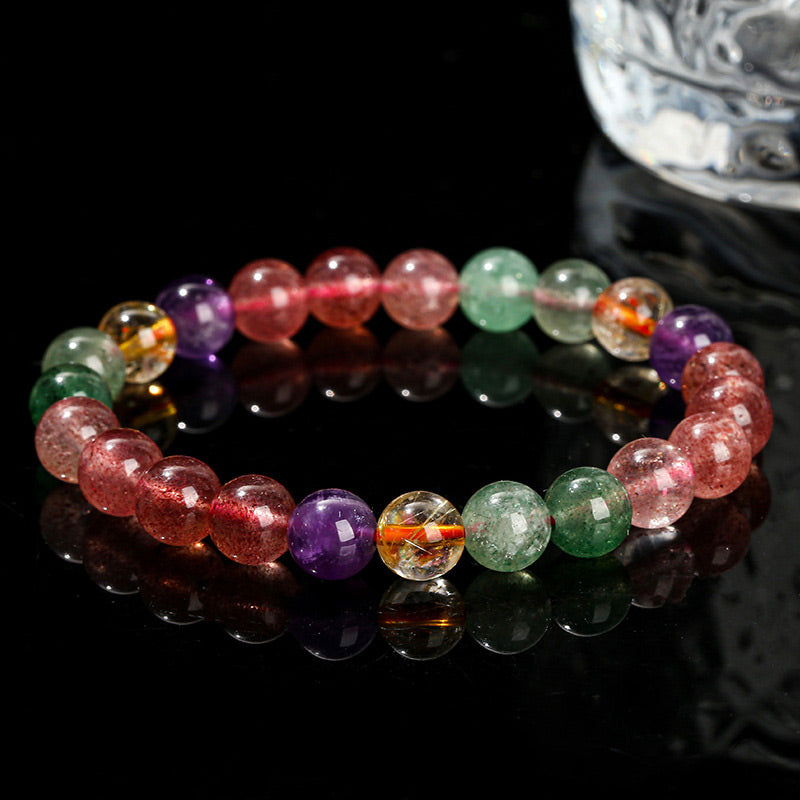 Fortune Jewel Natural Multicolored Strawberry Quartz Love Healing Beaded Bracelet