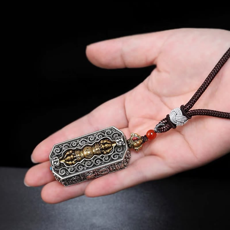 Fortune Jewel Tibetan Om Mani Padme Hum Carved Dorje Vajra Rotatable Lotus Pattern Purity Rope Necklace Pendant