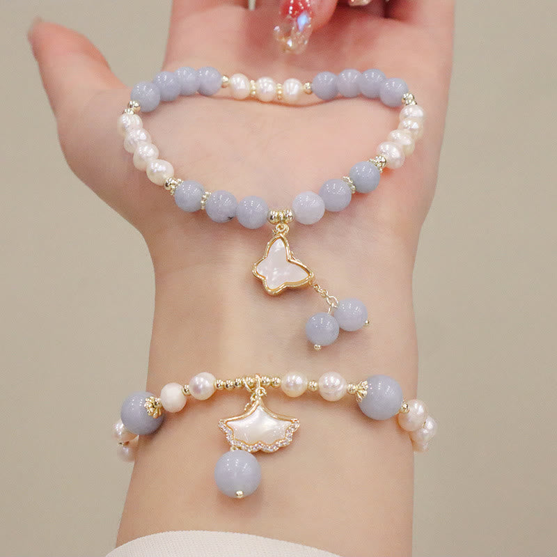 Fortune Jewel Natural Aquamarine Pearl Healing Ginkgo Leaf Butterfly Charm Bracelet