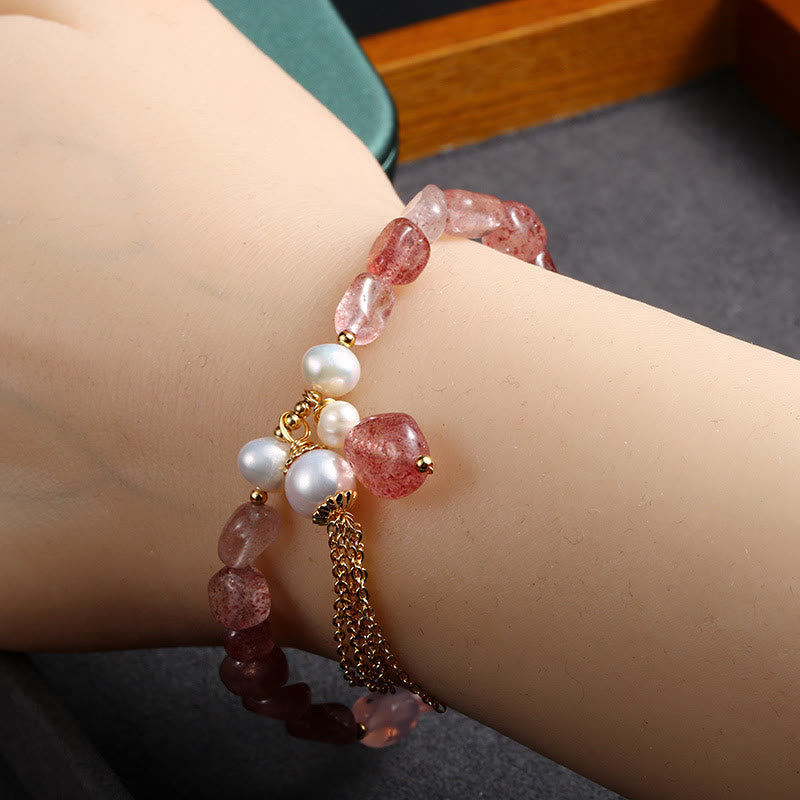 Fortune Jewel Natural Strawberry Quartz Pearl 14k Gold Plated Love Healing Bracelet