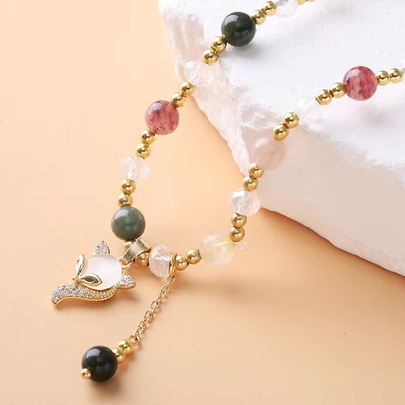 Fortune Jewel Multicolored Rutilated Quartz Fox Protection Double Wrap Bracelet