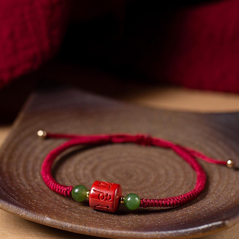 Fortune Jewel Tibetan Cinnabar Om Mani Padme Hum Engraved Blessing Braided Rope Bracelet