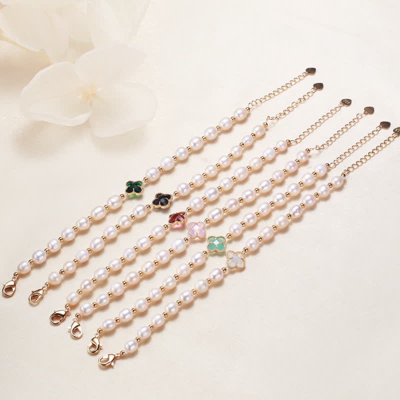 Fortune Jewel Pearl Four Leaf Clover Wealth Chain Bracelet
