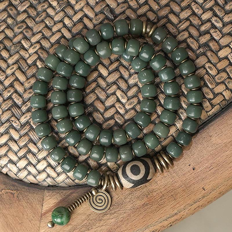 Fortune Jewel Cyan Bodhi Seed Dzi Bead Wisdom Peace Triple Wrap Bracelet