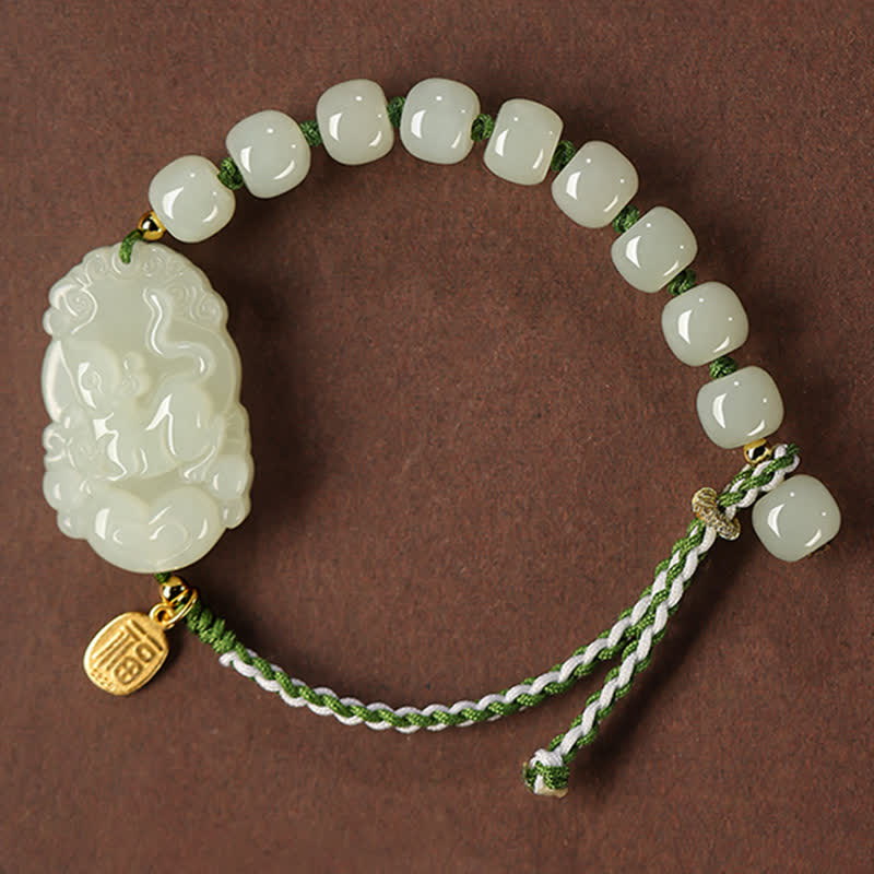 Fortune Jewel 925 Sterling Silver Chinese Zodiac Hetian Jade Happiness Luck String Bracelet