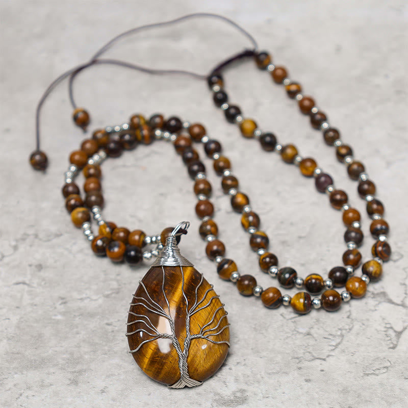 Fortune Jewel Natural Tiger Eye Strength Beaded Pendant Necklace