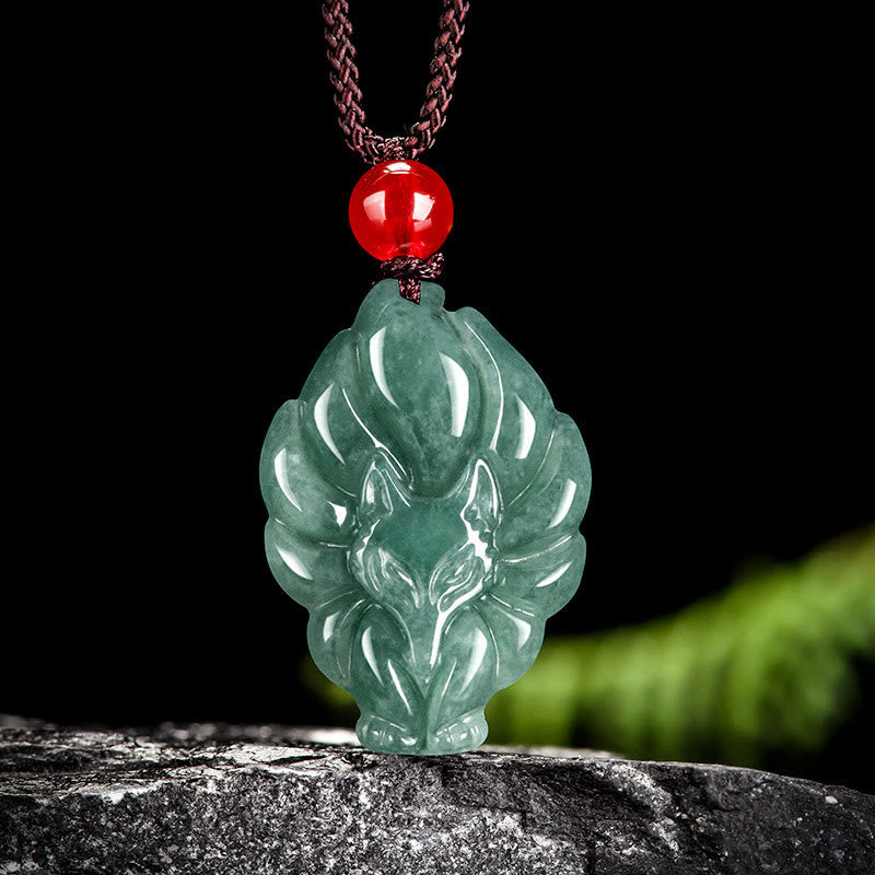 Fortune Jewel Natural Green Jade Nine Tailed Fox Luck Necklace Pendant