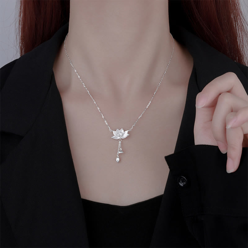 Fortune Jewel 999 Sterling Silver Lotus Flower Pod Carved Enlightenment Necklace Pendant Fortune Jewel