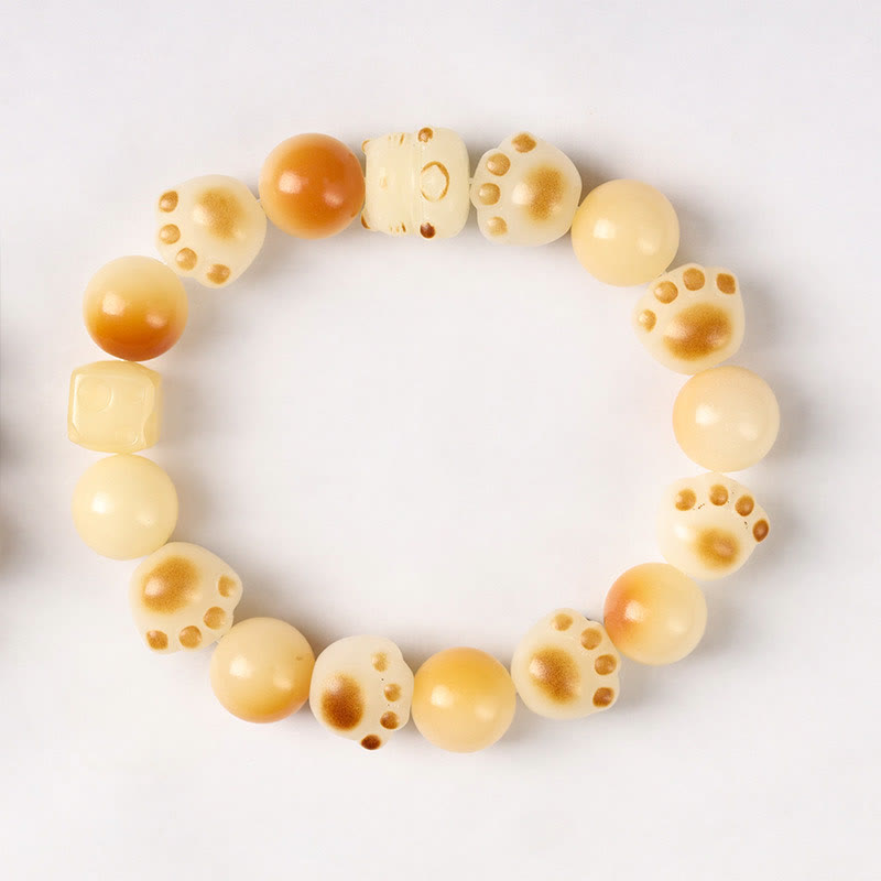 Fortune Jewel Natural Bodhi Seed Sandalwood Lucky Cute Cat Head Paw Claw Peace Bracelet