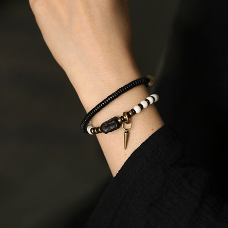 Fortune Jewel Bone Beads Ebony Wood Copper Strength Couple Bracelet