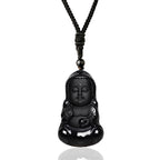 Fortune Jewel Natural Black Obsidian Crystal Buddha Strength Protection Amulet Lucky Charm Pendant Necklace