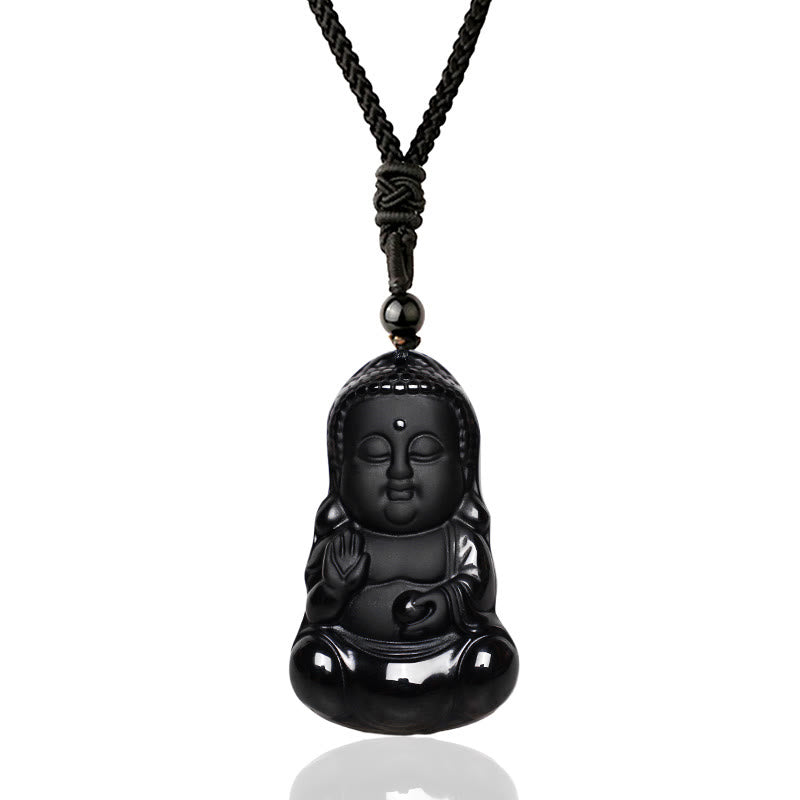 Fortune Jewel Natural Black Obsidian Crystal Buddha Strength Protection Amulet Lucky Charm Pendant Necklace