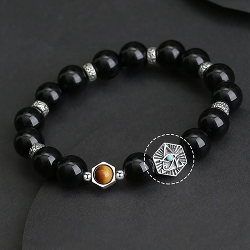Fortune Jewel 925 Sterling Silver Black Obsidian Tiger Eye Eye of Providence Purification Bracelet