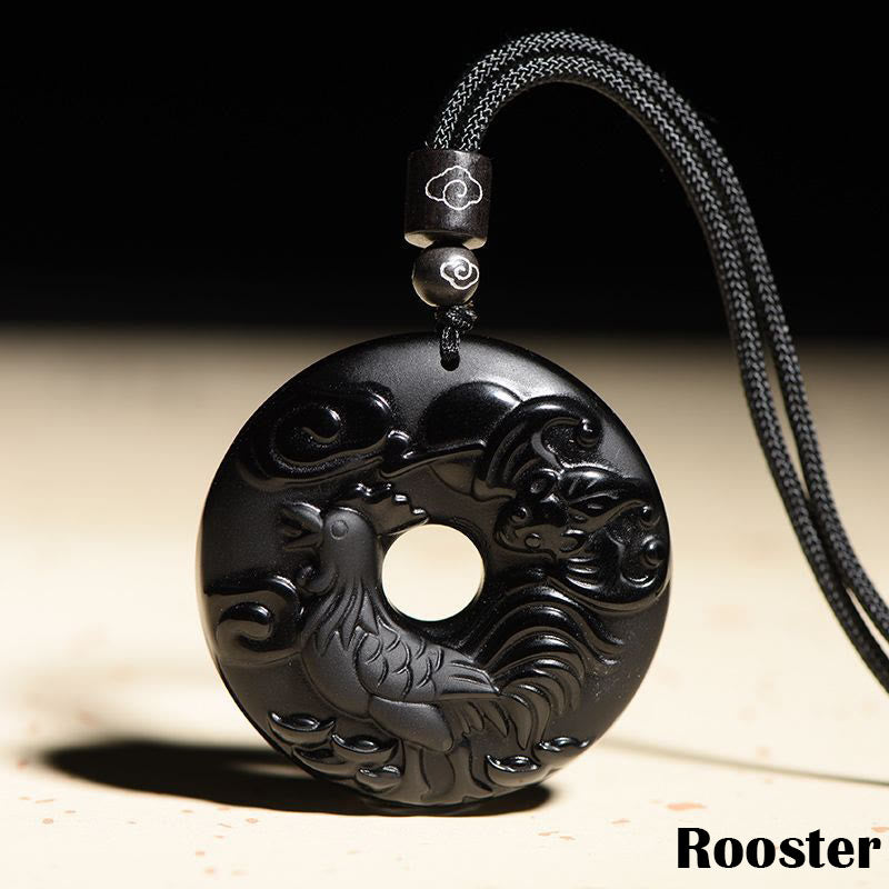 Fortune Jewel Chinese Zodiac Natural Black Obsidian Peace Buckle Strength Necklace Pendant