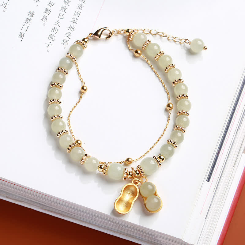 Fortune Jewel 925 Sterling Silver Natural Hetian Jade Good Things Happen Peanut Charm Bracelet