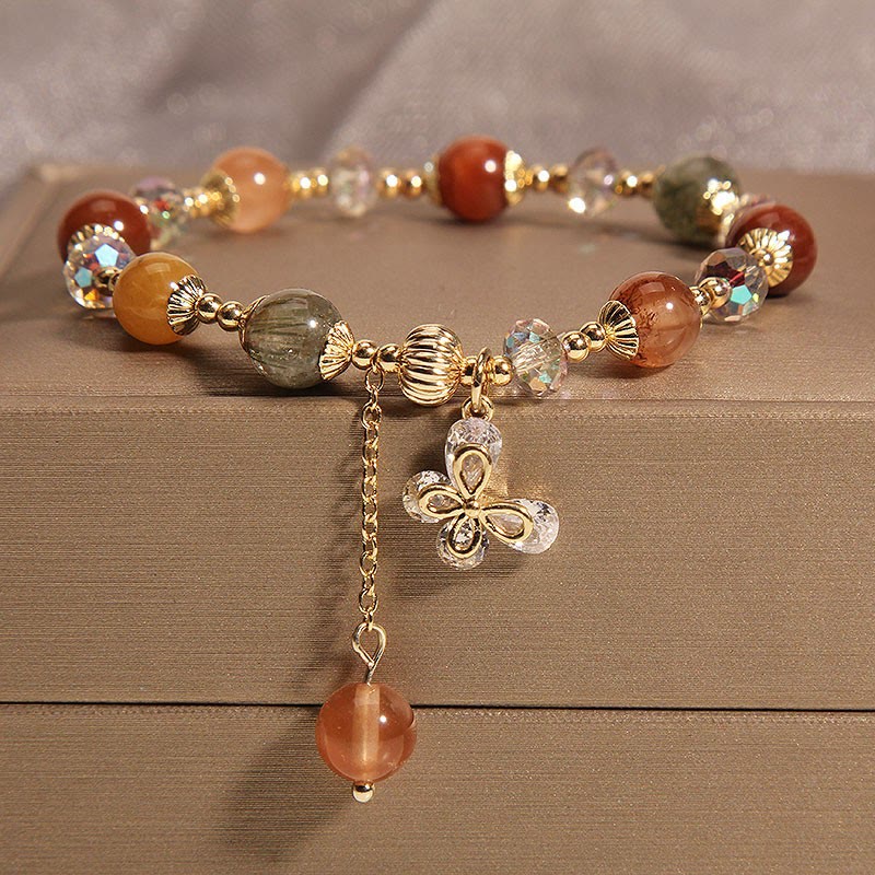 Fortune Jewel Natural Fu Lu Shou Rainbow Crystal Rutilated Quartz Wealth Butterfly Charm Bracelet