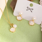 Fortune Jewel Ginkgo Tridacna Stone Pearl Bead Copper Blessing Necklace Pendant Ring Earrings Set
