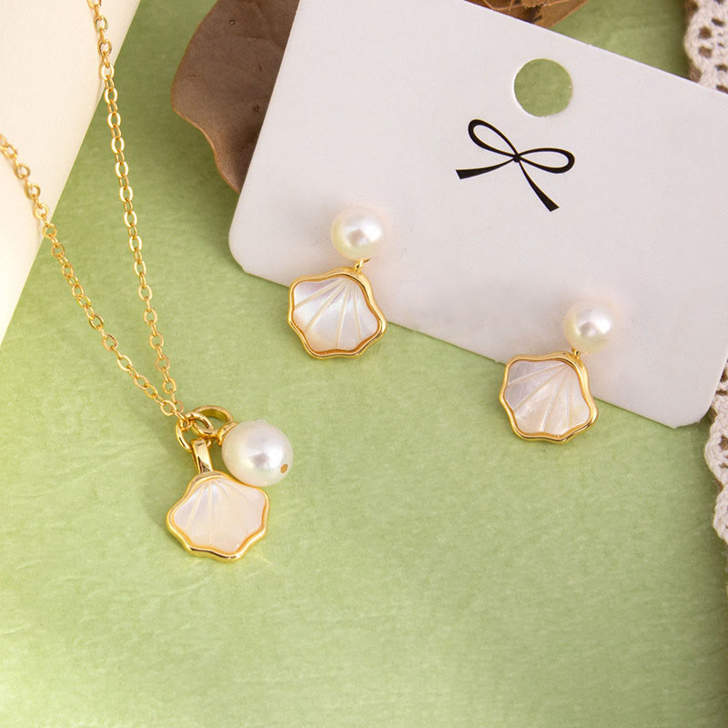 Fortune Jewel Ginkgo Tridacna Stone Pearl Bead Copper Blessing Necklace Pendant Ring Earrings Set