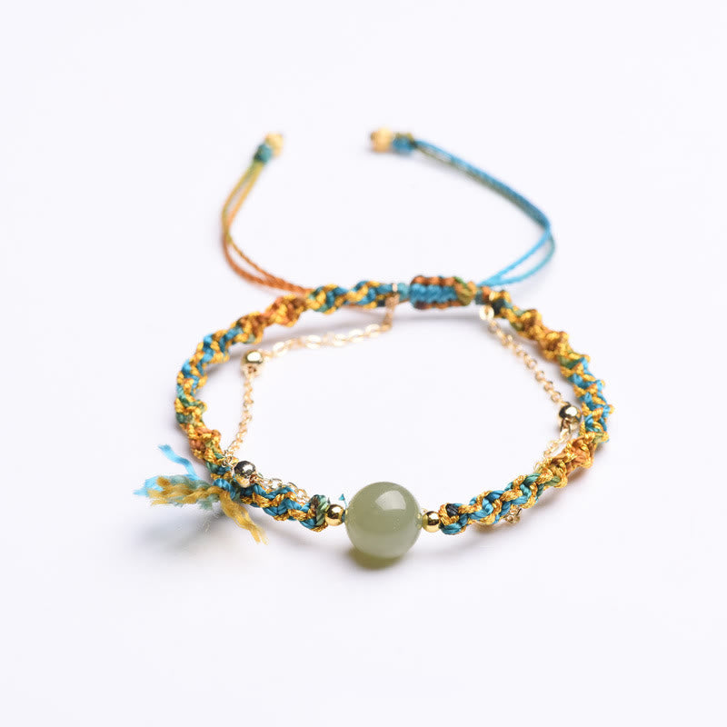Fortune Jewel Handmade Colorful Rope Luck Jade Bead Abundance Double Layer Bracelet