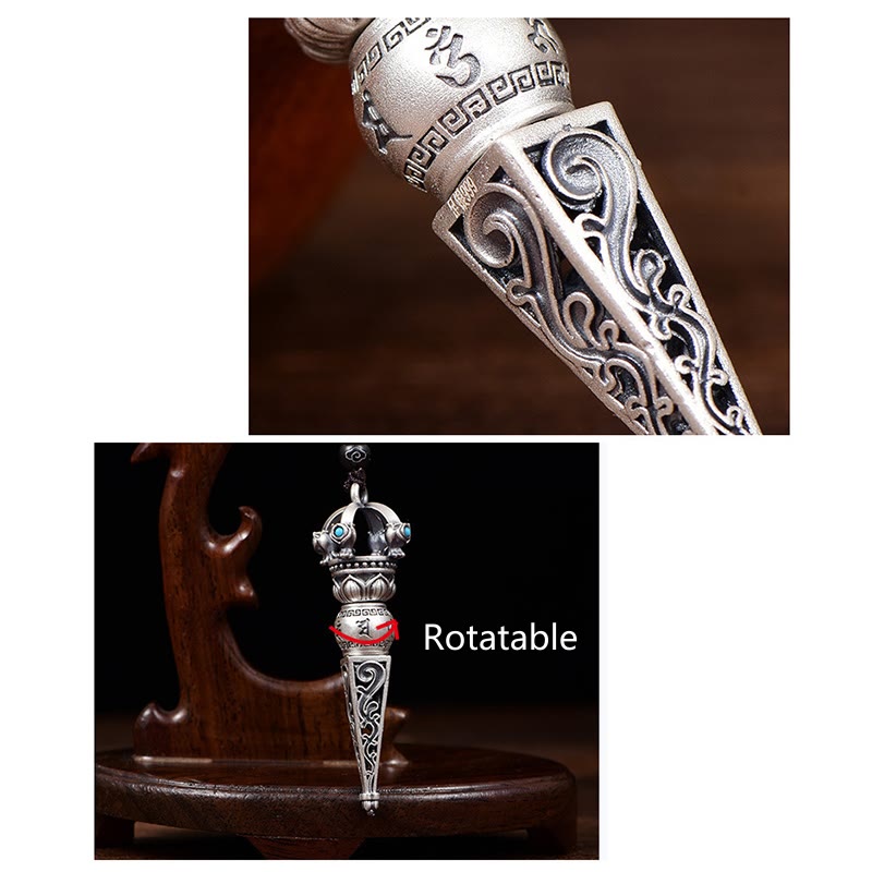 Fortune Jewel Tibetan Om Mani Padme Hum Dorje Vajra Design Wisdom Rotatable Necklace Pendant