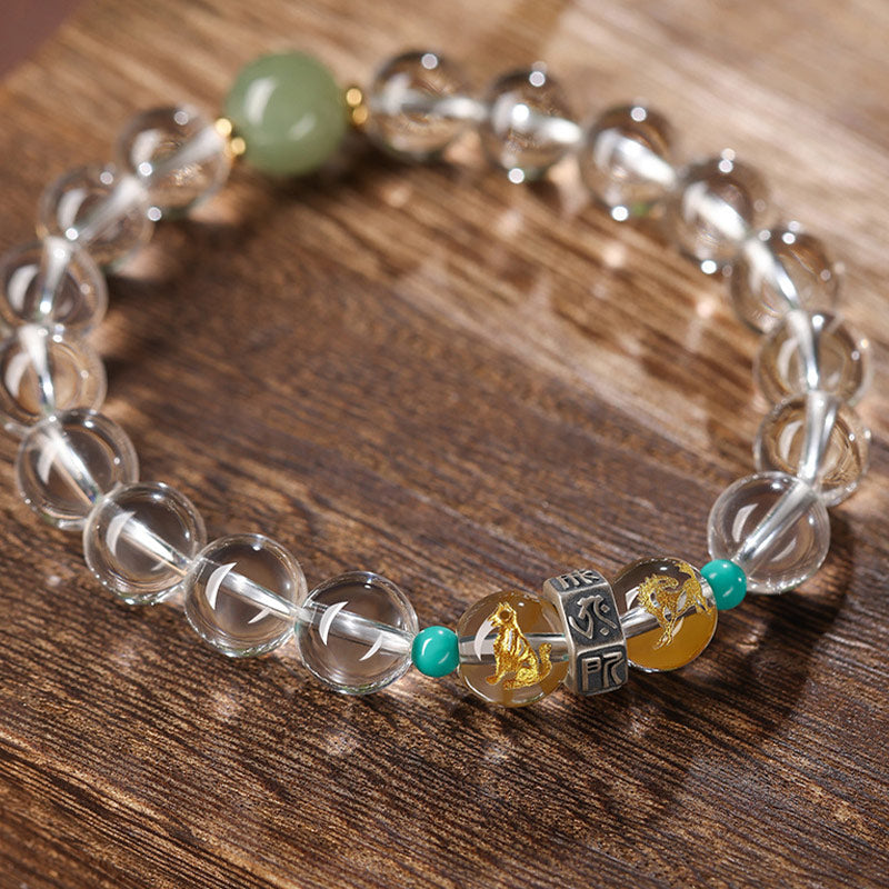 Fortune Jewel 925 Sterling Silver Chinese Zodiac Natal Buddha Auspicious Groups White Crystal Hetian Jade Healing Bracelet