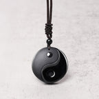 Fortune Jewel Black Obsidian Taoism Five Sacred Mountains Nine-Character Mantra Carved Purification Yin Yang Necklace Pendant