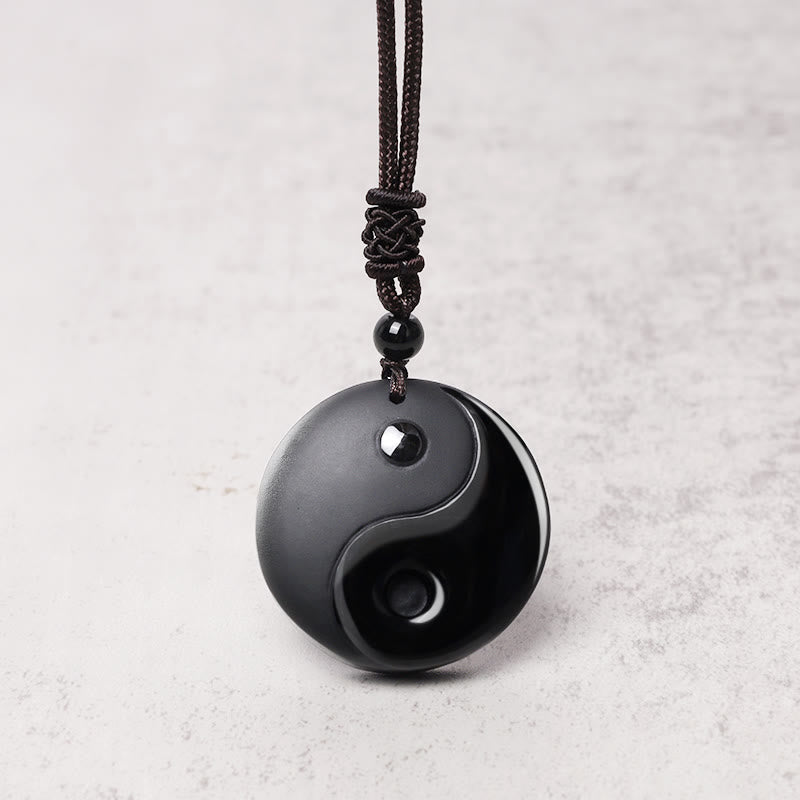 Fortune Jewel Black Obsidian Taoism Five Sacred Mountains Nine-Character Mantra Carved Purification Yin Yang Necklace Pendant