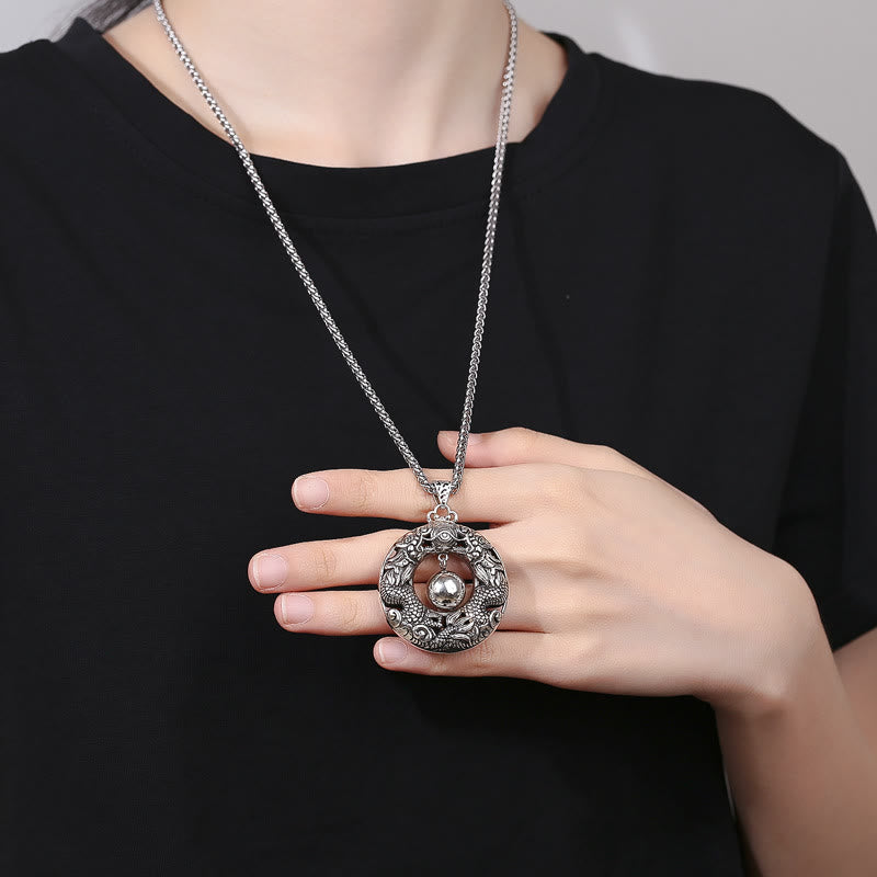 Fortune Jewel Double Dragon Playing Bead Copper Protection Necklace Pendant
