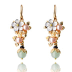 Fortune Jewel 14K Gold Plated Tridacna Stone Flower Pearl Green Aventurine Bead Drop Earrings
