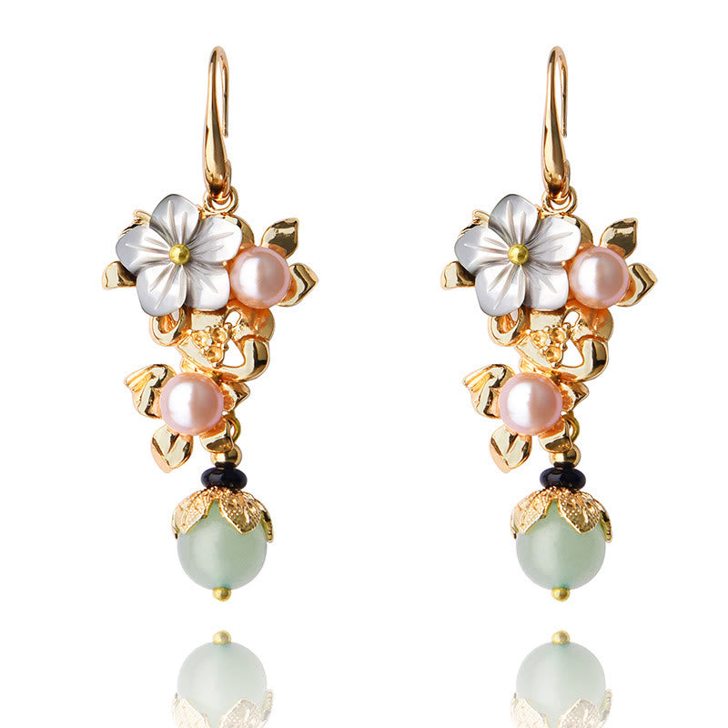 Fortune Jewel 14K Gold Plated Tridacna Stone Flower Pearl Green Aventurine Bead Drop Earrings