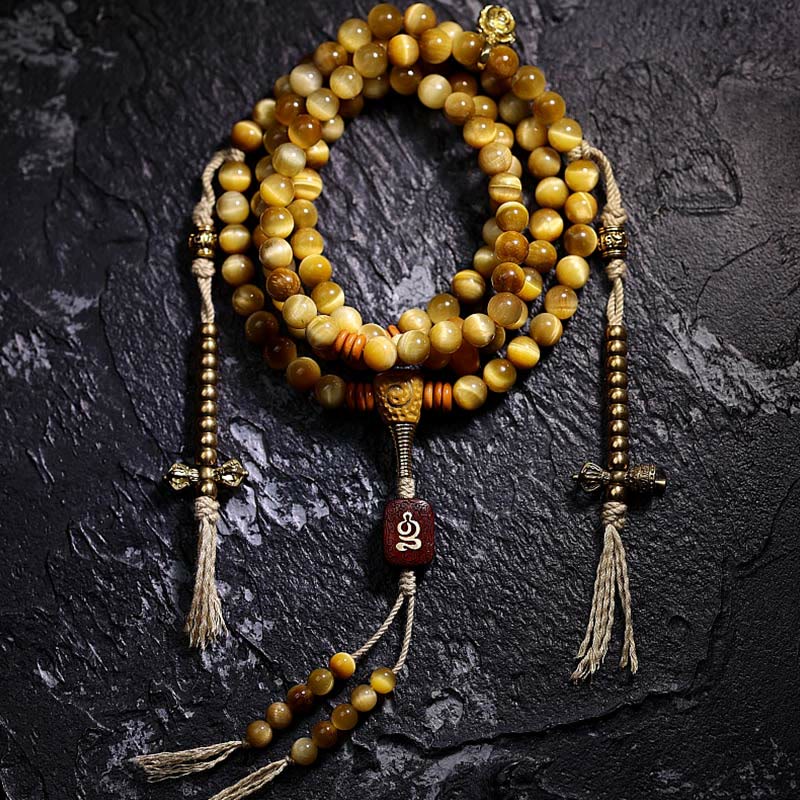 Fortune Jewel 108 Mala Beads Natural Tiger Eye Copper Dorje Protection Tassel Bracelet