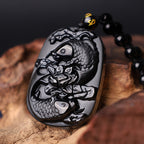 Fortune Jewel Natural Black Obsidian Koi Fish Lotus Strength Beaded Necklace Pendant