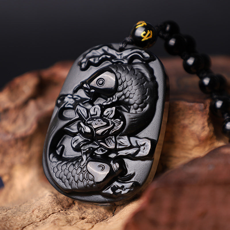 Fortune Jewel Natural Black Obsidian Koi Fish Lotus Strength Beaded Necklace Pendant