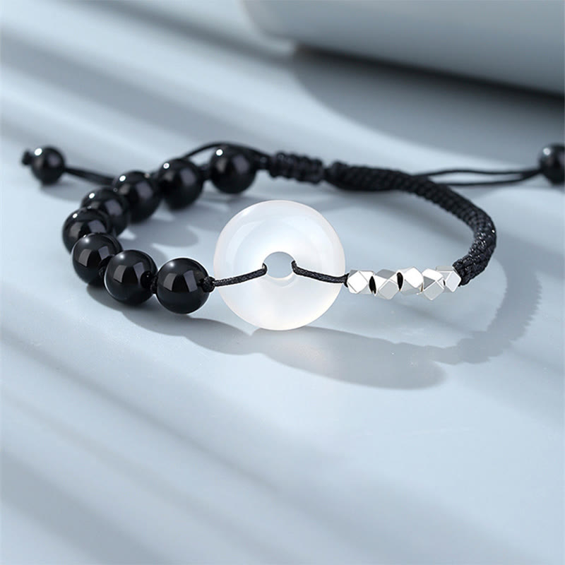 Fortune Jewel 925 Sterling Silver Black Obsidian Agate Peace Buckle Strength Bracelet