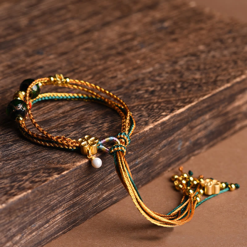 Fortune Jewel Tibetan Handmade Rope Liuli Glass Bead Braided Multilayered Healing Bracelet