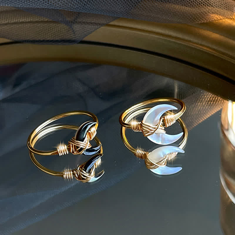 Fortune Jewel Natural Tridacna Stone Moon 14K Gold Blessing Ring - Fortune Jewel
